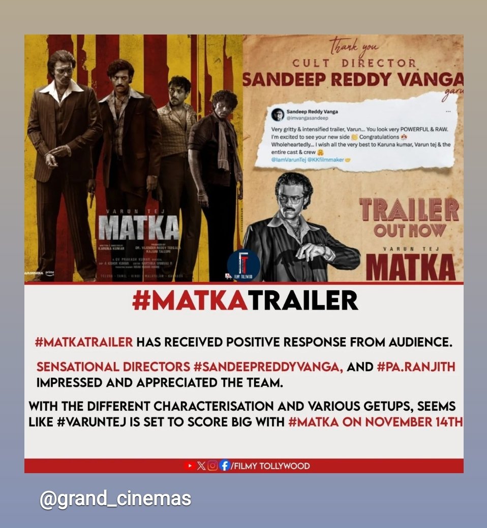 cinemas_grand's tweet photo. #Matka #MATKAonNov14th #matkatrailer #matkateaser #VarunTej #MeenakshiChaudhary #GVPrakash 
From 14.11.24 at #GrandCinemasHosur . https://t.co/hNyN6FZYRN