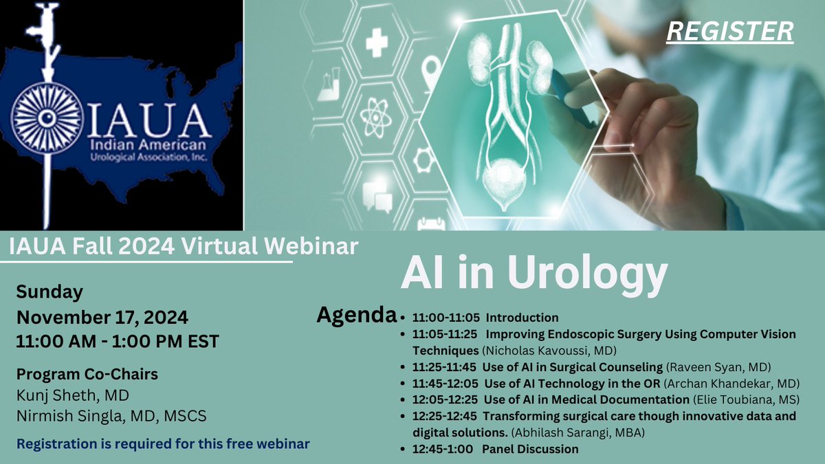 Indian American Urological Association (IAUA) is offering a free webinar on Artificial Intelligence in Urological care. This is a very timely educational event and all are invited to take advantage of this execellent opportunity.