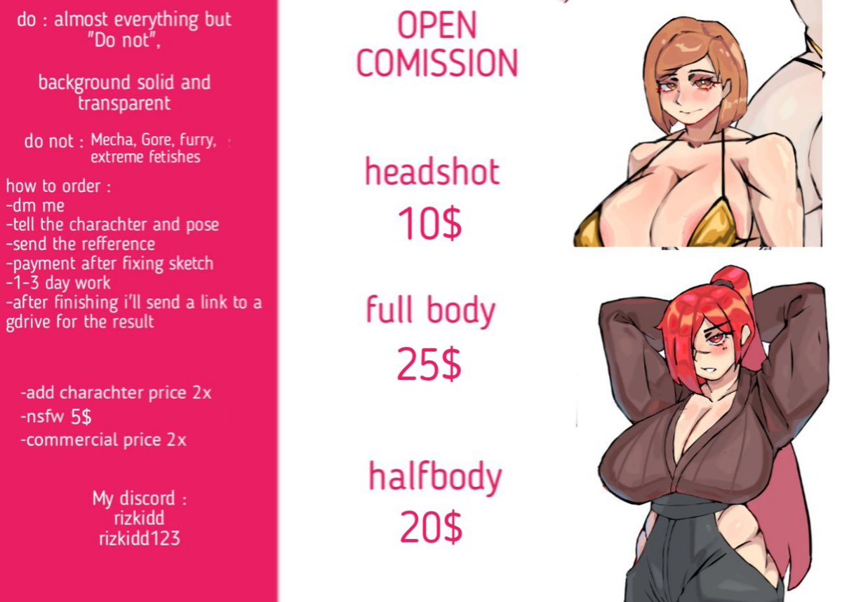 Update

(Retweets are very appreciated) Hello I'm open commission for 3 slots contact me via discord if you are (0/3) interested.  
#commissionsopen 
#illustration