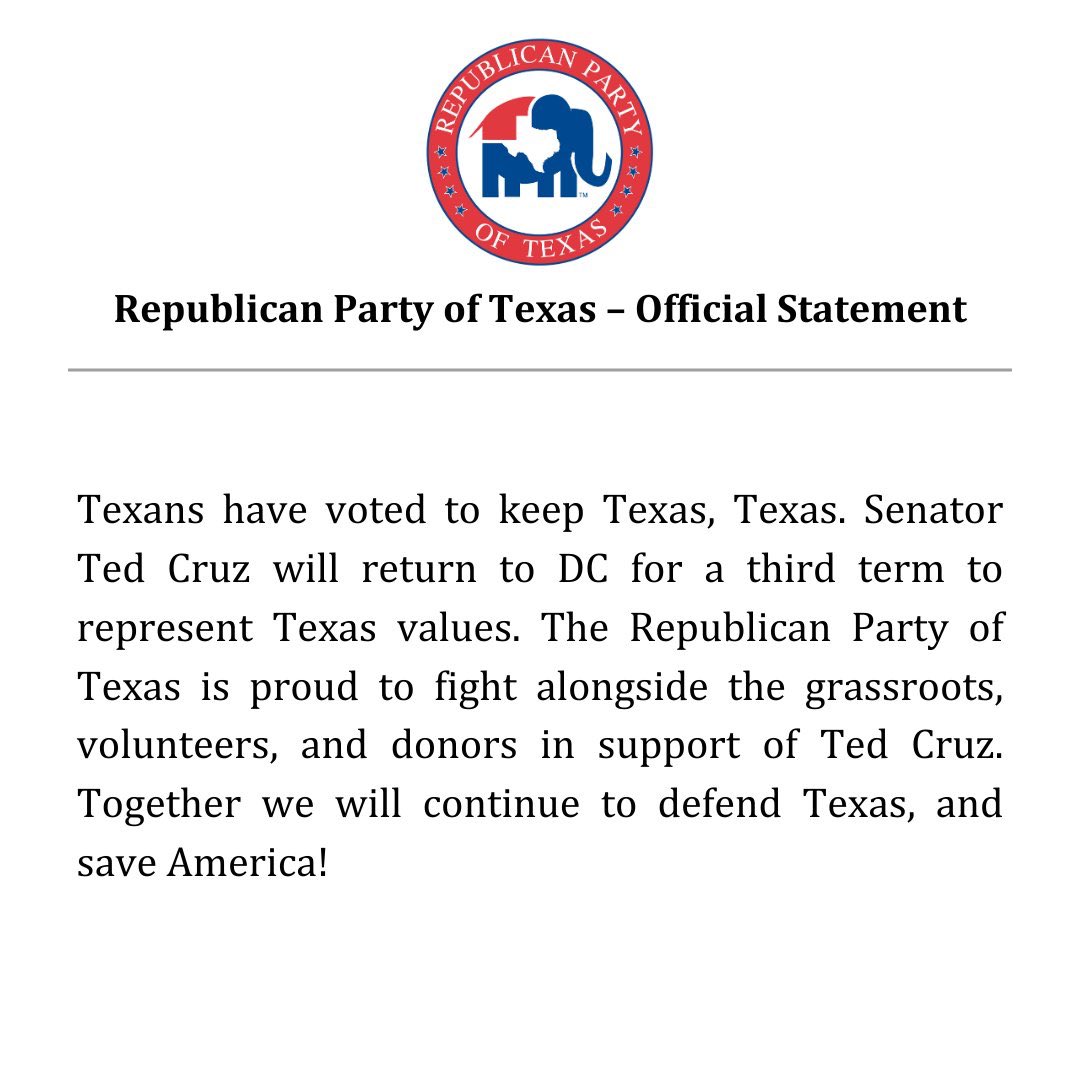 CONGRATULATIONS Senator <a href="/tedcruz/">Ted Cruz</a> <a href="/SenTedCruz/">Senator Ted Cruz</a> 🇺🇸

Thanks for your continued work for the people of Texas! 🔴⚪️🔵
