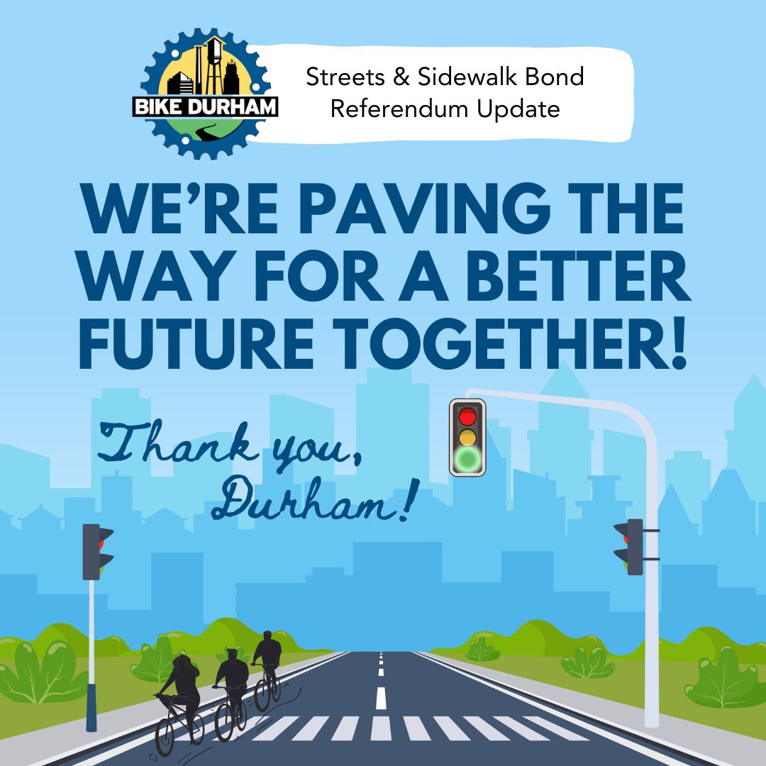 The Streets and Sidewalk bond referendum PASSED! Thank you Durham for ensuring that the Bull City will be a place where we can all thrive! More info to come after the election winds down. Thanks to all who made this campaign a success.