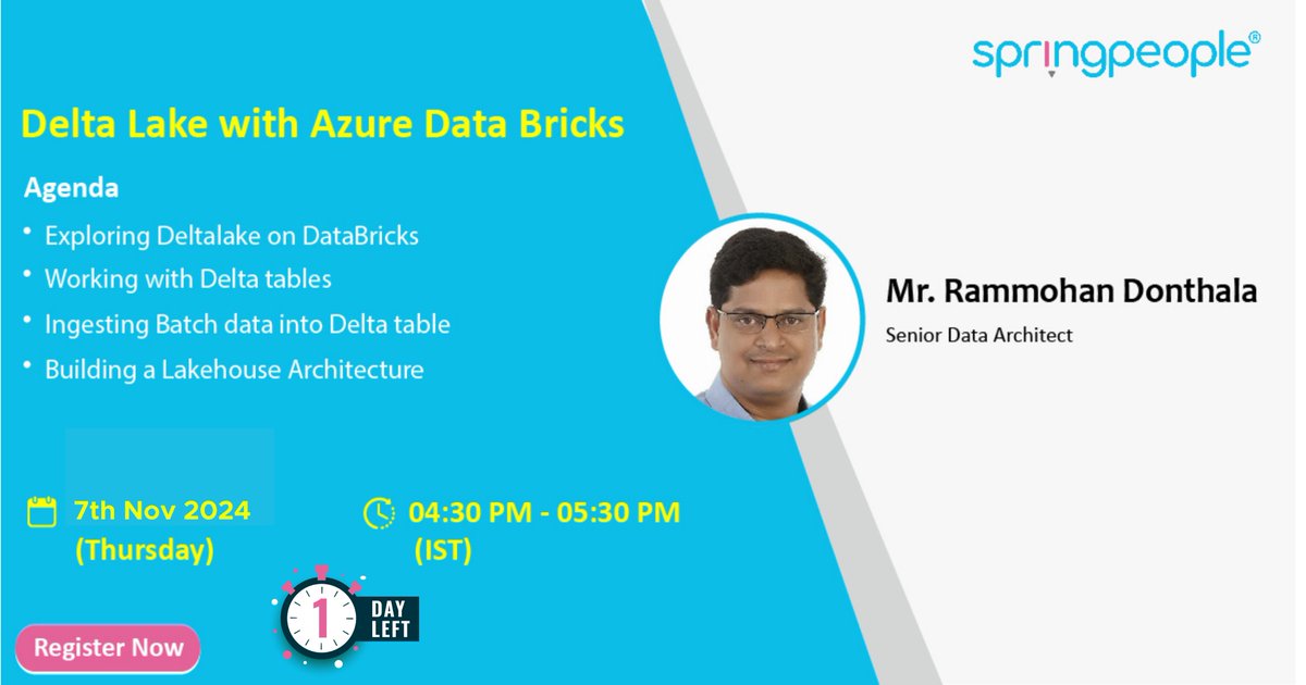 SpringPeople_SP's tweet image. Just One Day Left!

Join us tomorrow, November 7th, from 4:30 to 5:30 PM, for an exclusive webinar with expert Rammohan Donthala as he delves into Delta Lake with Azure Databricks!

Register Link: springpeople.com/delta-lake-wit…

#DataWebinar #DeltaLake #DataScience #SpringPeople