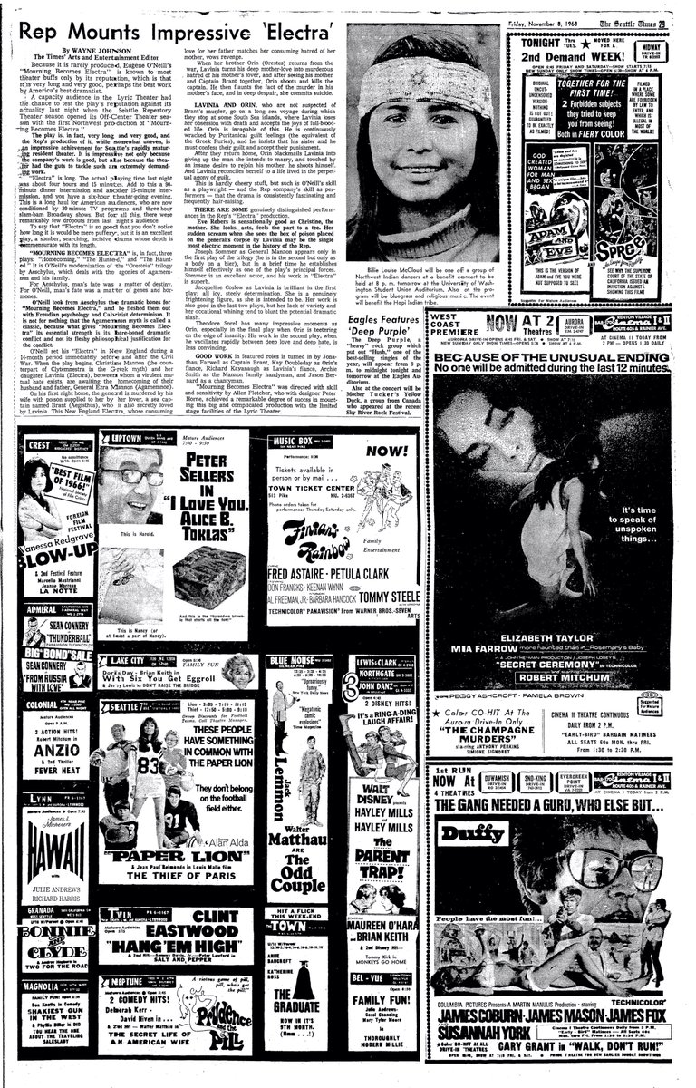 dandoody's tweet photo. #ThenShowing 8 Nov 1968, Seattle Times
Maybe a trip to West Seattle is in order for a James Bond double-bill (Admiral) and BONNIE &amp; CLYDE (Granada). Then, if time, over to the Uptown for I LOVE YOU, ALICE B. TOKLAS. https://t.co/N7GCOoy1M1