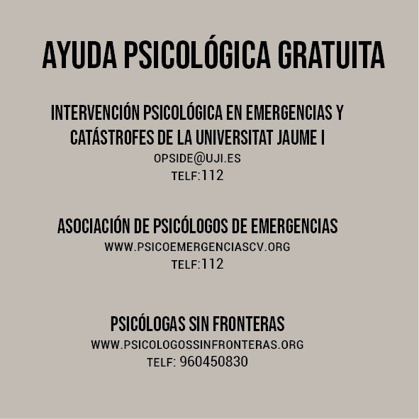 Iniciatives Solidàries (@ini_solidaries) on Twitter photo Estos días están siendo especialmente difíciles en Valencia. Dejamos algo de información que puede ser de utilidad. Todo nuestro apoyo a las personas afectadas. Mucho ánimo Estos días están siendo especialmente difíciles en Valencia. Dejamos algo de información que puede ser de utilidad. Todo nuestro apoyo a las personas afectadas. Mucho ánimo