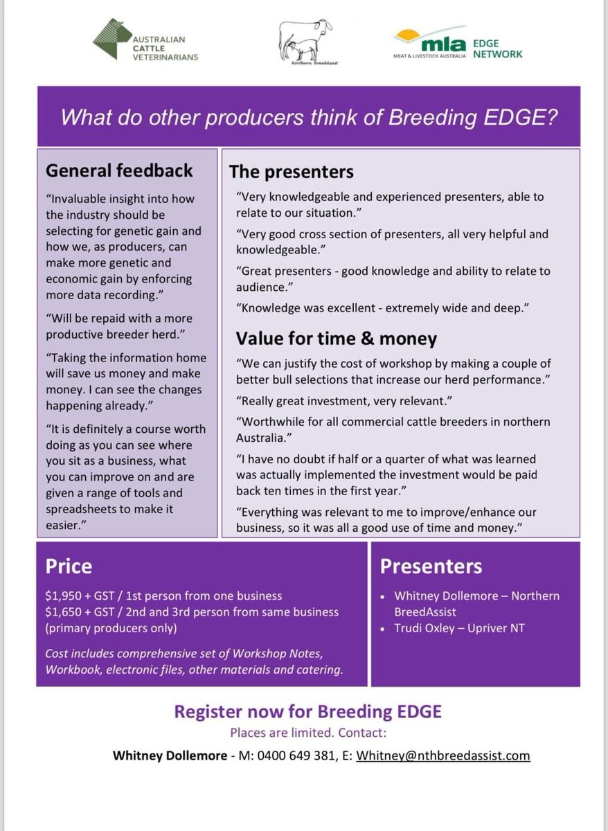 FutureBeef (@futurebeef) on Twitter photo 🚨 Workshop alert! 🚨
#BreedingEDGE is a 3-day workshop to assist producers improve #breederherd management & #geneticimprovement.
📆 4 -6 December 2024
📍 Katherine, NT
💲 (as per flyer).
RSVP to Whitney Dollemore
✉️ whitney@ntbreedassist.com
📱 0400649381
<a href="/meatlivestock/">Meat & Livestock Australia</a> 🚨 Workshop alert! 🚨
#BreedingEDGE is a 3-day workshop to assist producers improve #breederherd management & #geneticimprovement.
📆 4 -6 December 2024
📍 Katherine, NT
💲 (as per flyer).
RSVP to Whitney Dollemore
✉️ whitney@ntbreedassist.com
📱 0400649381
<a href="/meatlivestock/">Meat & Livestock Australia</a>