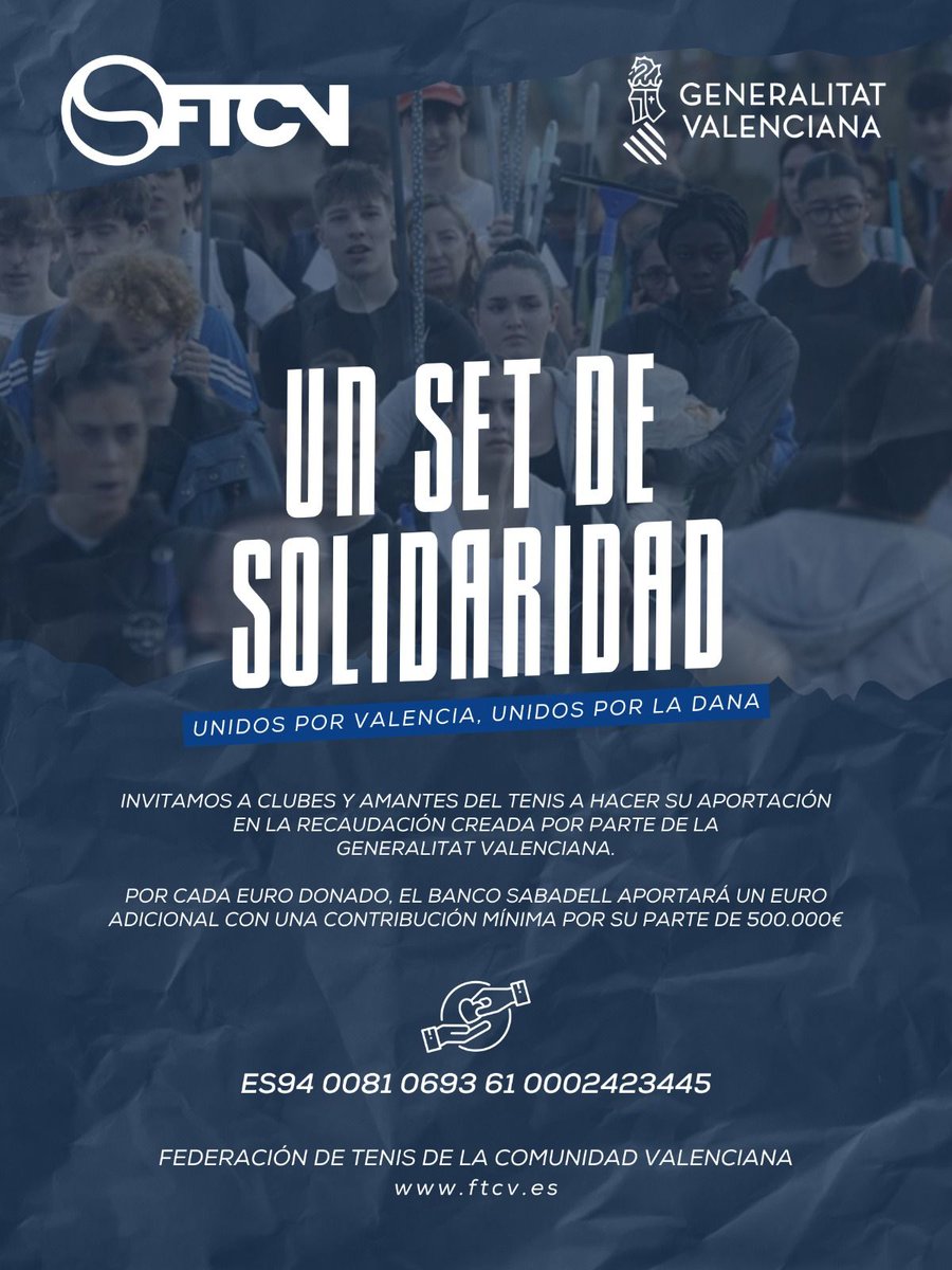 SET de Solidaridad contra la DANA en Valencia 

La Federación de Tenis de la Comunidad Valenciana impulsa junto a la Generalitat Valenciana una campaña de recaudación de fondos. 

industriadeltenis.com/un-set-de-soli…
