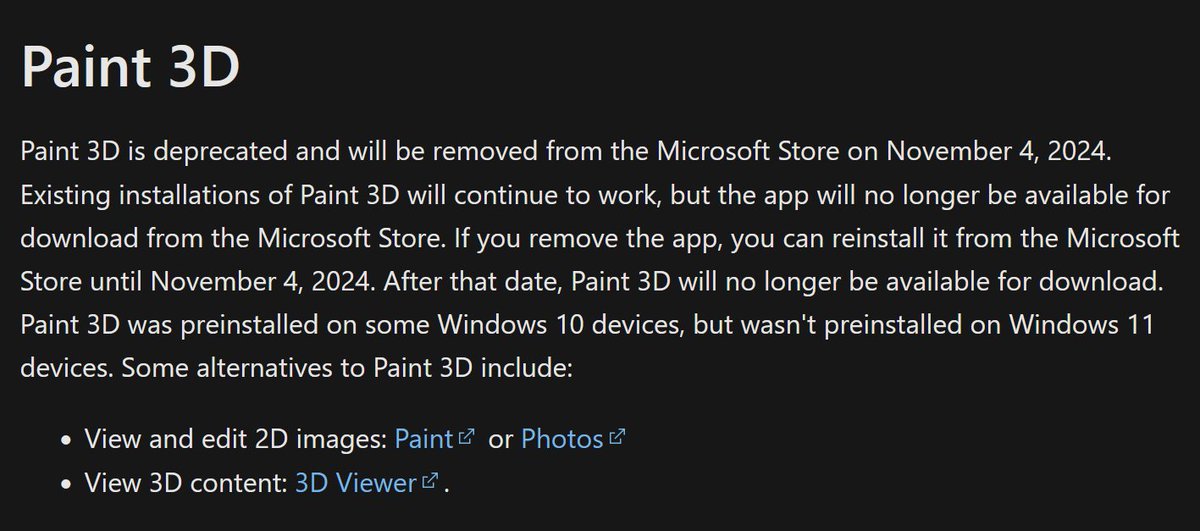 ChesapeakeToSF's tweet photo. Not sure why they would deprecate Paint 3D but still suggest Paint as an alternative. Paint 3D was much newer and a bit easier to use. https://t.co/uyEgqNy9RR