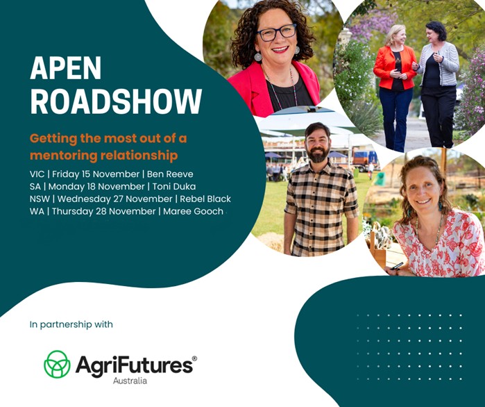 AgriFuturesAU's tweet image. #AgExtension practitioners, ready for a roadshow? 🚜 Join us &amp;amp; @APENenews to get the most out of a #mentoring relationship! 🤝 

📍 Learn from local experts in Melbourne (15/11), Adelaide (18/11), Wagga Wagga (27/11), &amp;amp; Perth (28/11). 

Register now 👉 bit.ly/3V0TyeH