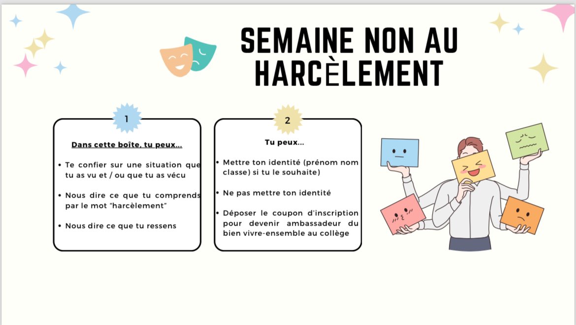 deMontaigneA's tweet image. 🚀 Le collège se prépare à la journée #NAH pour mobiliser les élèves ambassadeurs mais aussi pour sensibiliser la communauté éducative : café des parents sur le harcèlement, séances au CDI, quiz, questionnaire et campagne d’affichage #pHARe #harcelement @cveltcheff @lumnifr