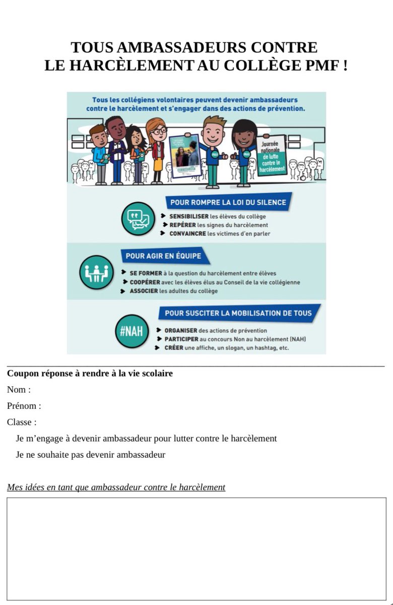 deMontaigneA's tweet image. 🚀 Le collège se prépare à la journée #NAH pour mobiliser les élèves ambassadeurs mais aussi pour sensibiliser la communauté éducative : café des parents sur le harcèlement, séances au CDI, quiz, questionnaire et campagne d’affichage #pHARe #harcelement @cveltcheff @lumnifr