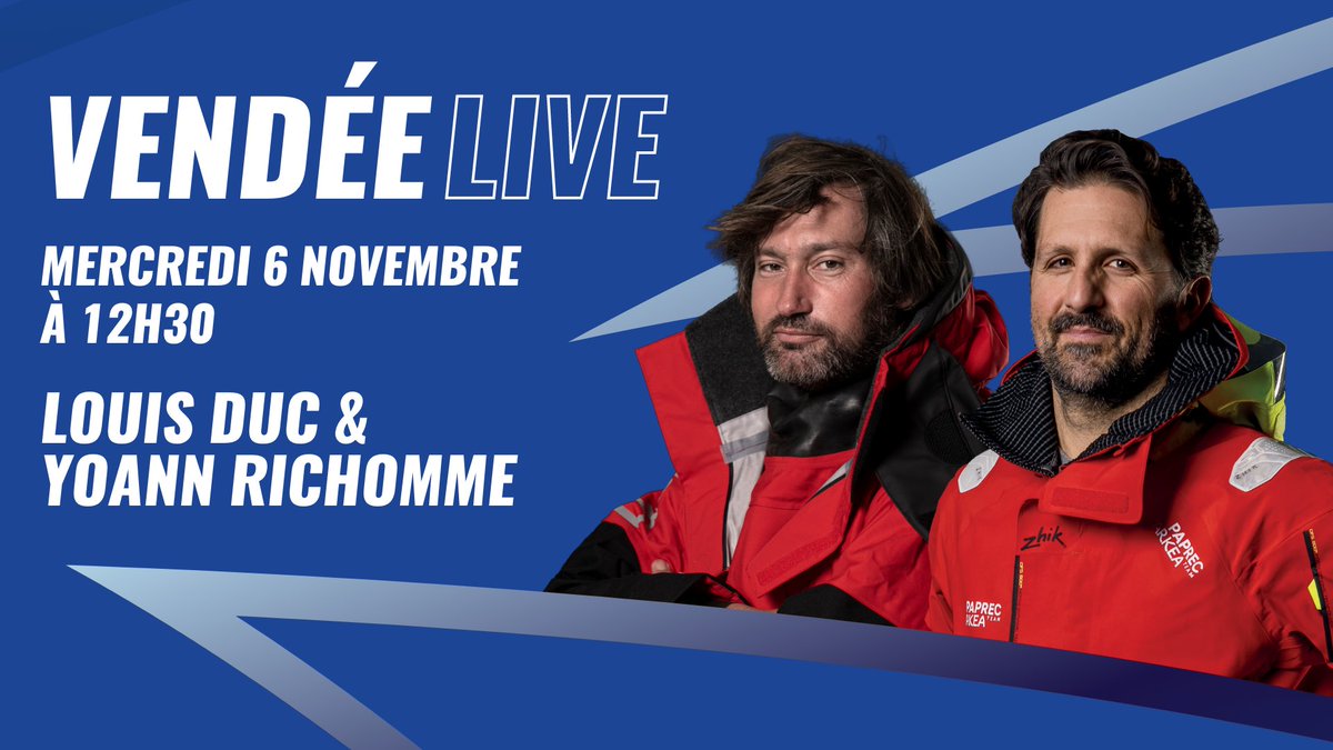 Aujourd'hui retrouvez <a href="/LouisDuc1/">Skipper Louis Duc - IMOCA n°172 Vendée Globe 2024</a> et <a href="/yoannrichomme/">Yoann Richomme</a> à 12h30 dans le Vendée Live !

🎥 L’émission sera diffusée sur le site internet, la page Facebook et sur YouTube ▸ urlz.fr/sLgU