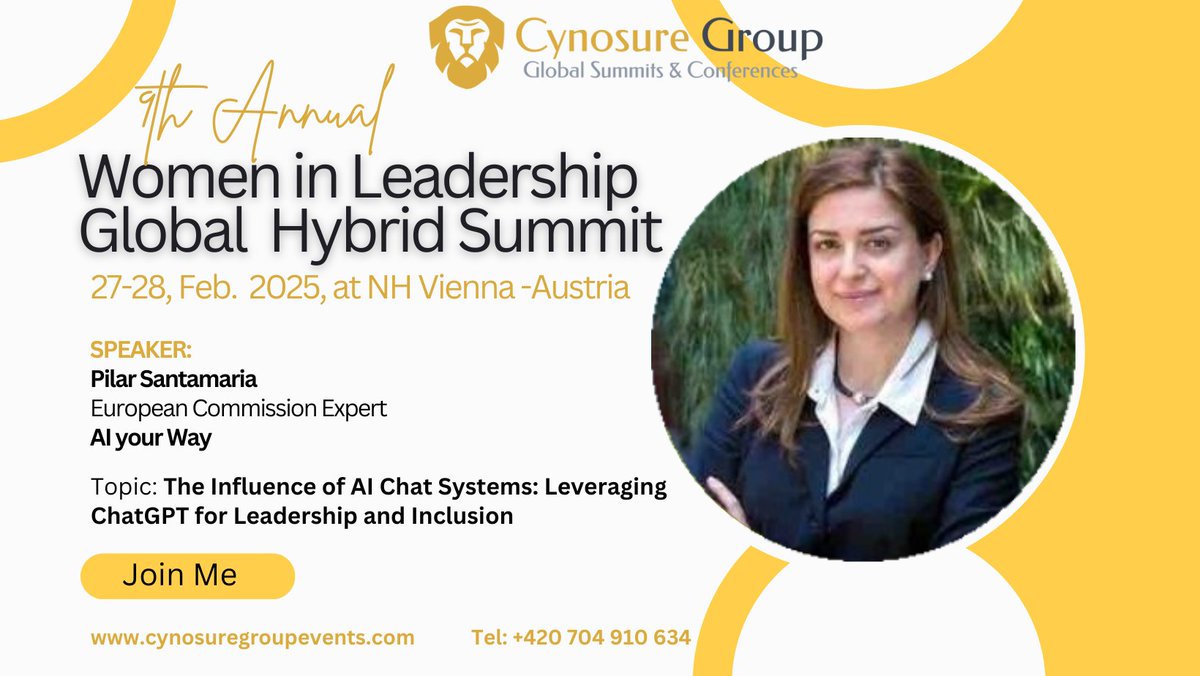 We’re thrilled to announce that Pilar Santamaria, European Commission Expert at <a href="/AI/">anand iyer</a> Your Way, will be joining us as a Keynote Speaker at upcoming 9th Annual Women in Leadership Global Hybrid Summit| 27-28 Feb. 2025. Register now:cynosuregroupevents.cz/2024/07/16/9th… #Leaders #WomenInLeadership