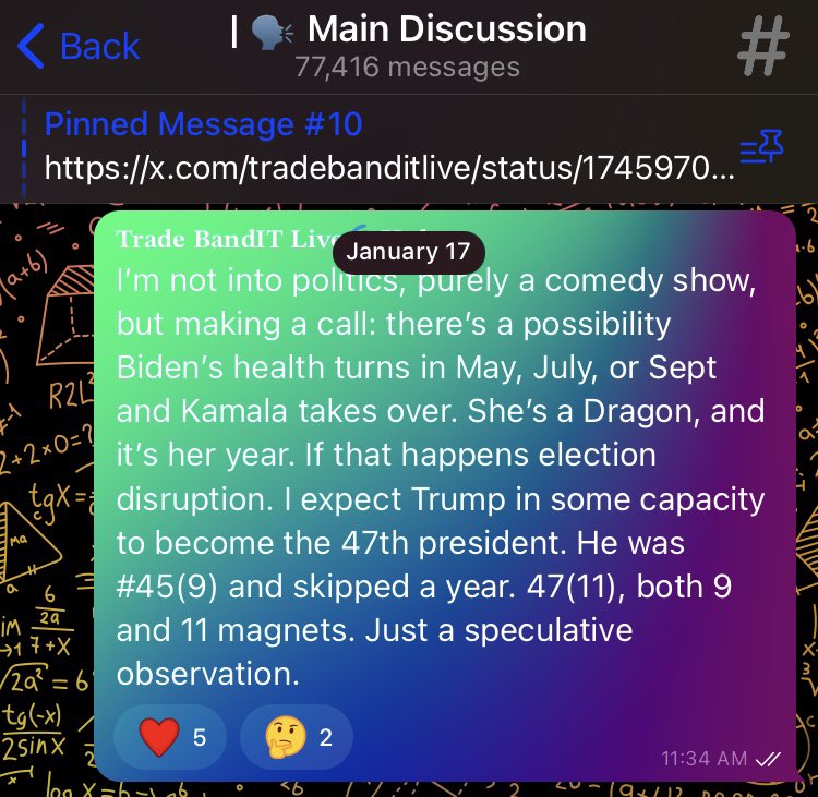 TradeBanditLive's tweet image. Just an off the hip prediction (From January) that ended up 1000% correct. #USAElection2024 #ScriptedReality 😁⚡️👑