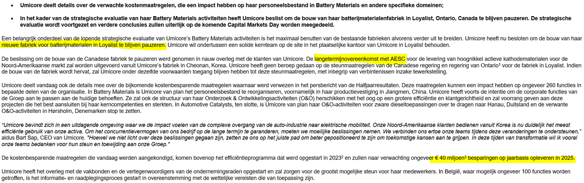 TSimonts's tweet image. #Umicore schuift met bestuurszitjes en hamert er een extra €40m jaarlijkse besparingen uit (vanaf 2025). Canadese fabriek blijft in de mottenbollen.