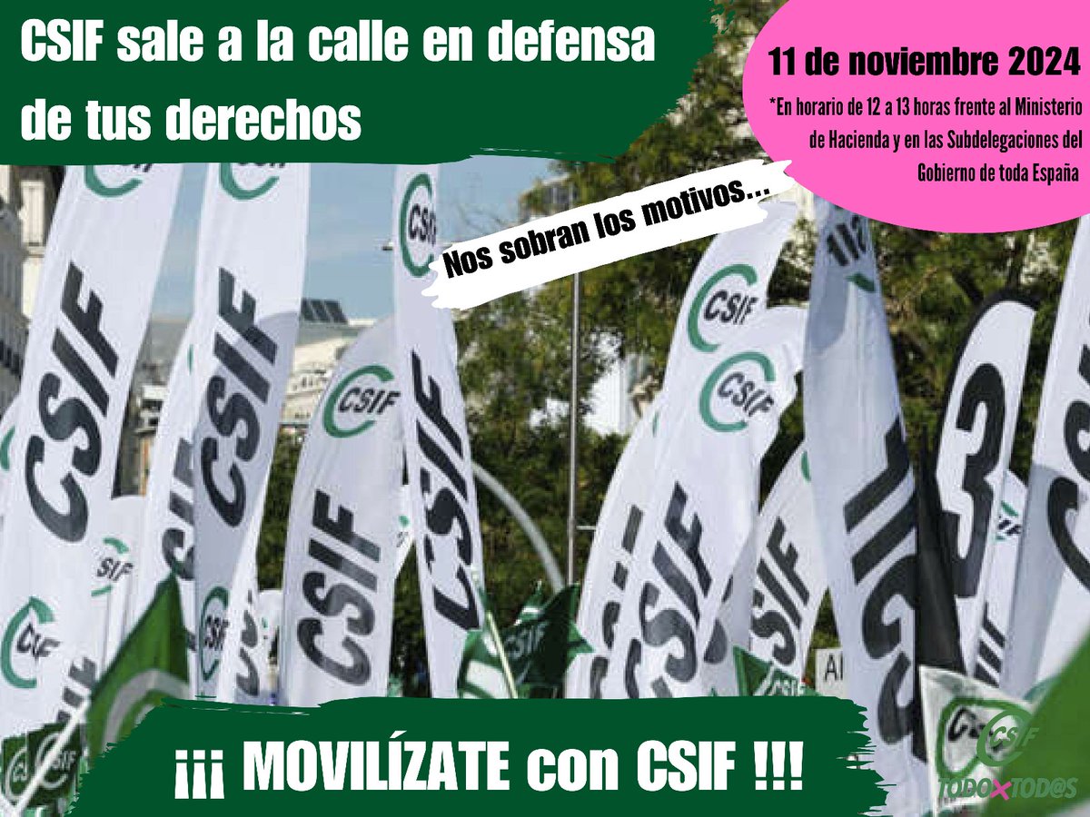 CSIFnacional's tweet photo. 📢 CSIF sale a la calle el 11 de noviembre en defensa de los derechos, condiciones laborales y la dignidad de los empleados públicos, abandonados por este Gobierno.

En la movilización rendiremos homenaje al coraje de los servidores públicos en Valencia, que están dando lo mejor de sí mismos.

En la concentración reivindicamos:
👉 Un nuevo acuerdo retributivo que permita recuperar la estructura salarial previa a los recortes de 2010.
👉 Mayor inversión y más plantillas suprimiendo la tasa de reposición.
👉 Corregir las desigualdades retributivas entre administraciones: a igual trabajo, igual salario.
👉 Acabar con las desigualdades en nuestras pensiones.
👉 La defensa del mutualismo administrativo, que en estos momentos está en serio riesgo de continuidad.

🔊🔊🔊
🕚 12:00h.
🏛️ Frente a @Haciendagob y las subdelegaciones del Gobierno de todas las provincias.