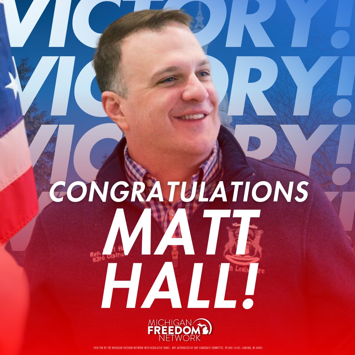 MiFreedomNet's tweet photo. 🚨 Republican Hold! 🚨

Congratulations Leader Matt Hall on reelection to HD 42! https://t.co/A3uoXcEugz