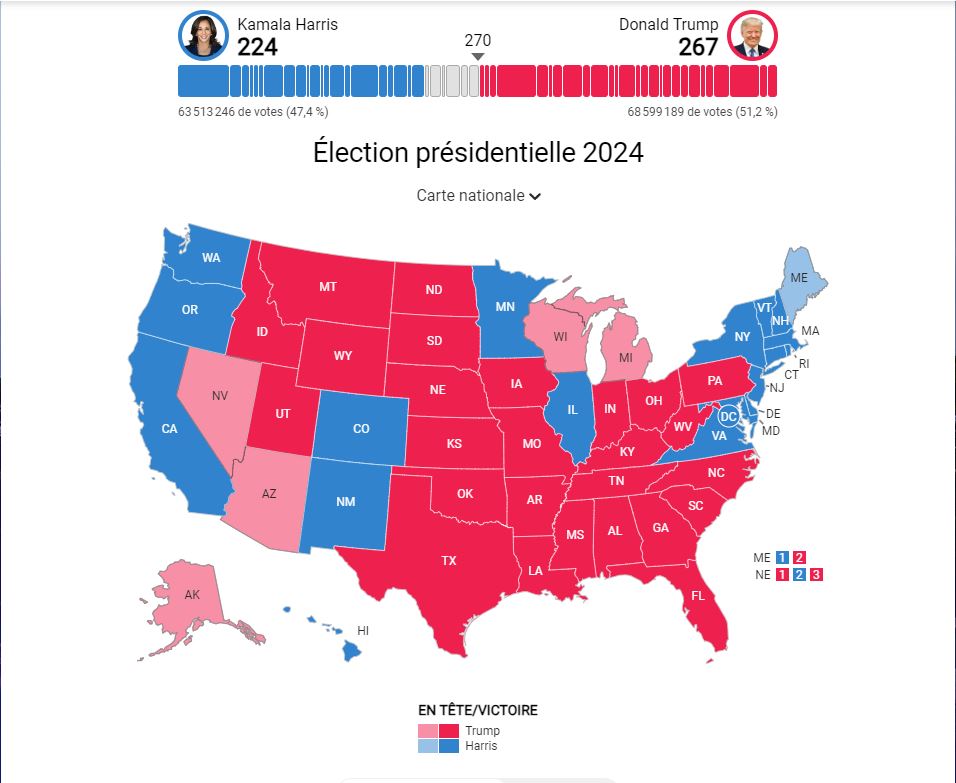 🇺🇸🗳️La carte des résultats de la présidentielle aux États-Unis, c'est ici►rfi.my/Ay8H.x #USAElection2024 #DonaldTrump #KamalaHarris