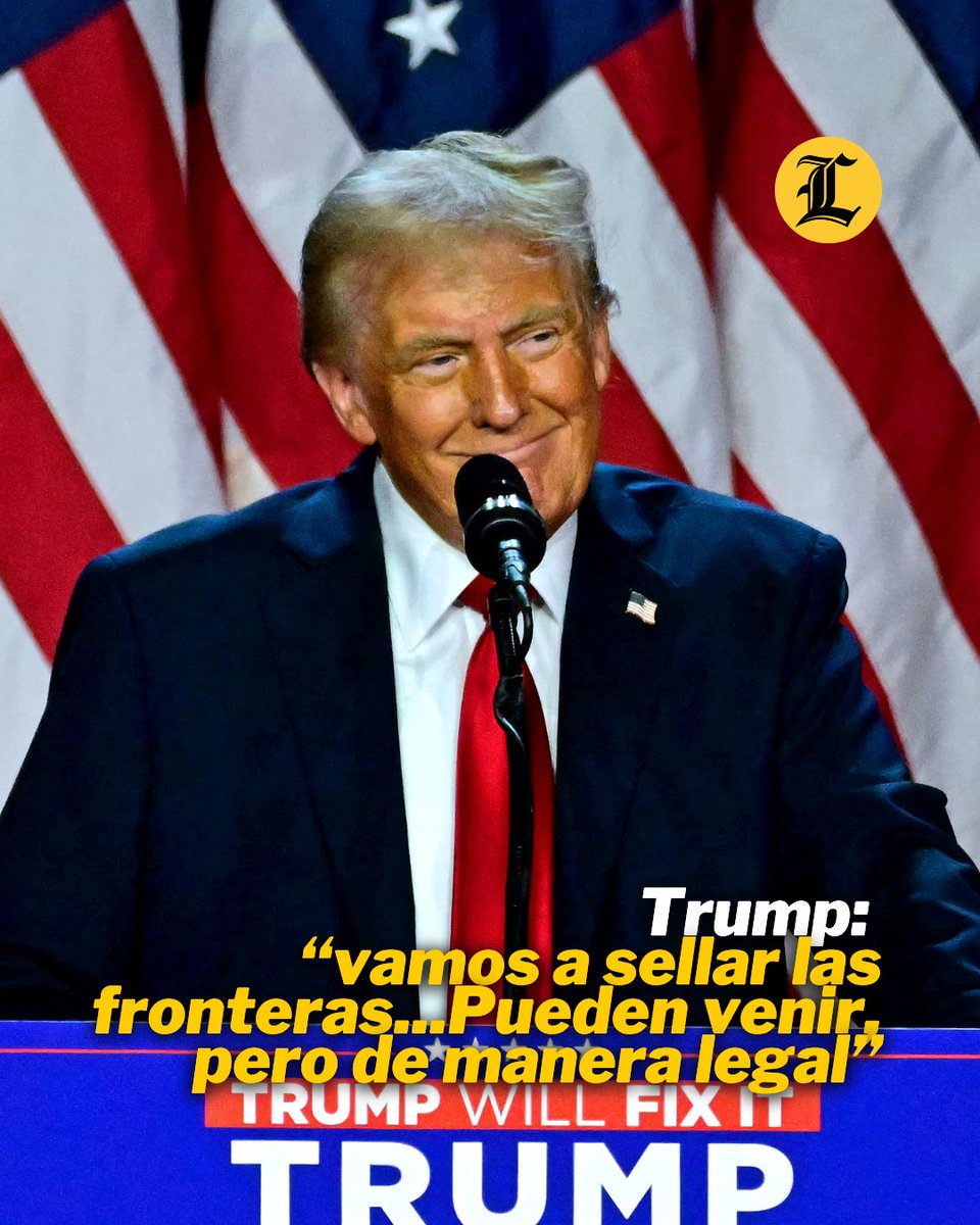 ListinDiario's tweet photo. El candidato republicano a la Presidencia de EE.UU., el expresidente Donald Trump, aseguró este miércoles en su discurso de la victoria que va a "sellar las fronteras" del país y que solo va a dejar a entrar a inmigrantes de manera legal".

#ListínDiario https://t.co/B0ROjMY9CI