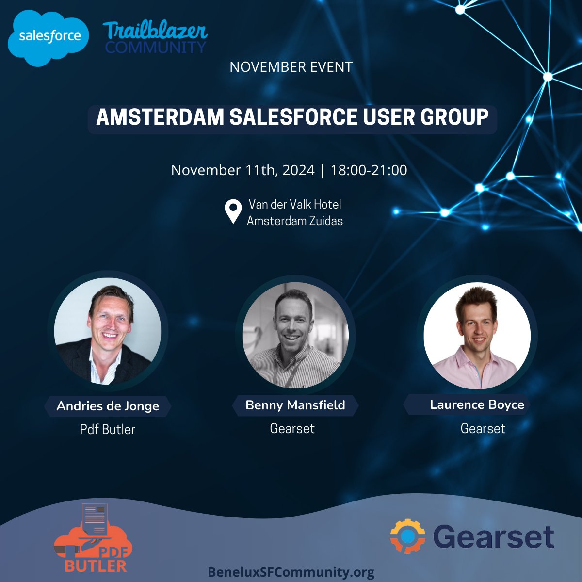 Save your spot for the upcoming Monday! 💫
📅 11 November 2024
⏰ 18:00 - 21:00
📍 Van der Valk Hotel, Amsterdam
🎟 RSVP: bit.ly/3Cg0HRu

Thanks to our sponsors PDF Butler – Salesforce Document Generation, and Gearset!
#Salesforce #Amsterdam #Gearset #PDFButler