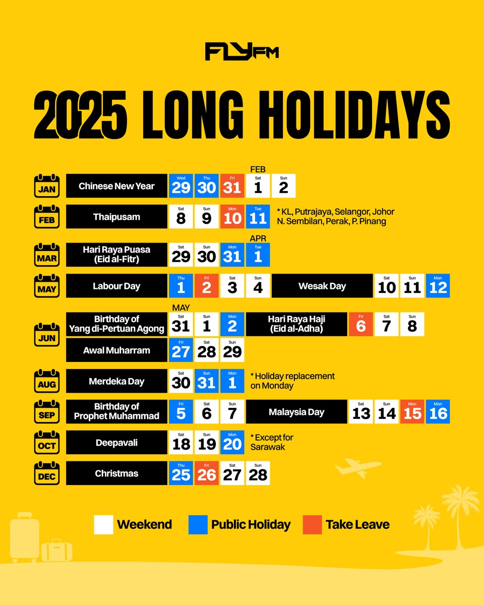 MediaPrimaAudio's tweet photo. It's already November, and 2025 is just around the corner! Fly FM has you covered with the ultimate leave planner, designed to help you maximize those long weekends in 2025! 🎉

It's the perfect time to plan ahead—where will you be heading on these holiday dates? https://t.co/YJVX9pPvhm