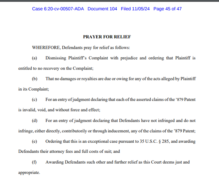 $NEon Tråd om 104:
Samsung medger avtalets riktighet och medvetenhet om patentet sedan 2012

Mycket intressant dokument - nu börjar det brännas
Känns som en Hail mary från Samsung

Man motsäger sig intrång 
Man begär att Stämningen läggs ner