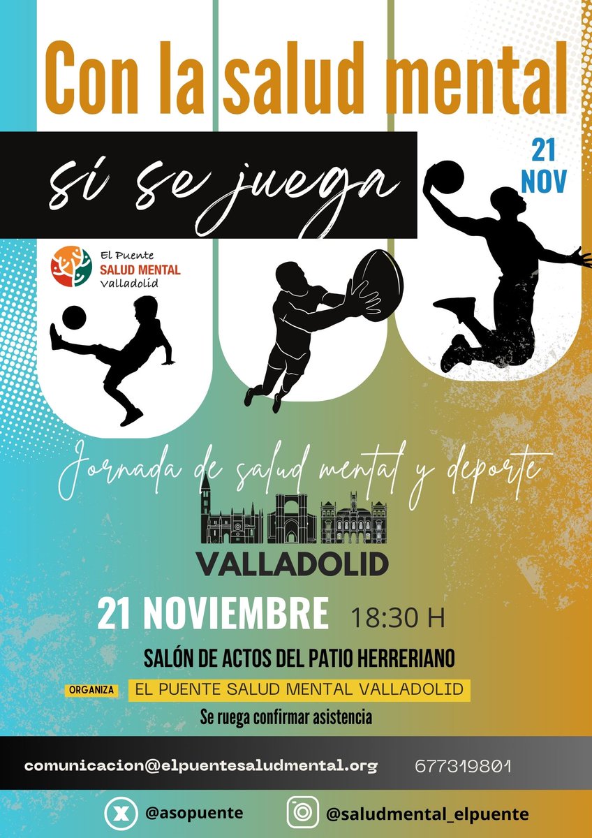 El próximo 21 de noviembre organizamos en el <a href="/PatioHerreriano/">Patio Herreriano</a> una jornada para hablar de #saludmental y #deporte Un espacio en el que estrellas del deporte como <a href="/EusebioSacrista/">Eusebio Sacristán</a>  <a href="/pedrodelgadoweb/">Pedro Delgado</a>, Mayte Martínez, Mike Hansen, <a href="/Lauransincro/">Laura Lopez Valle</a>... compartirán su testimonio #valladolid