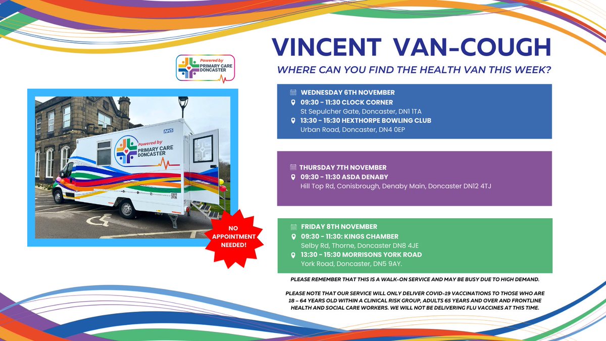 🚌 Vincent is travelling to various locations in the coming days, providing drop-in GP clinics around #Doncaster.

Check out this week's stops and pop in—no appointment needed!

Those eligible will also be able to get their COVID-19 vaccinations on Thursday and Friday.