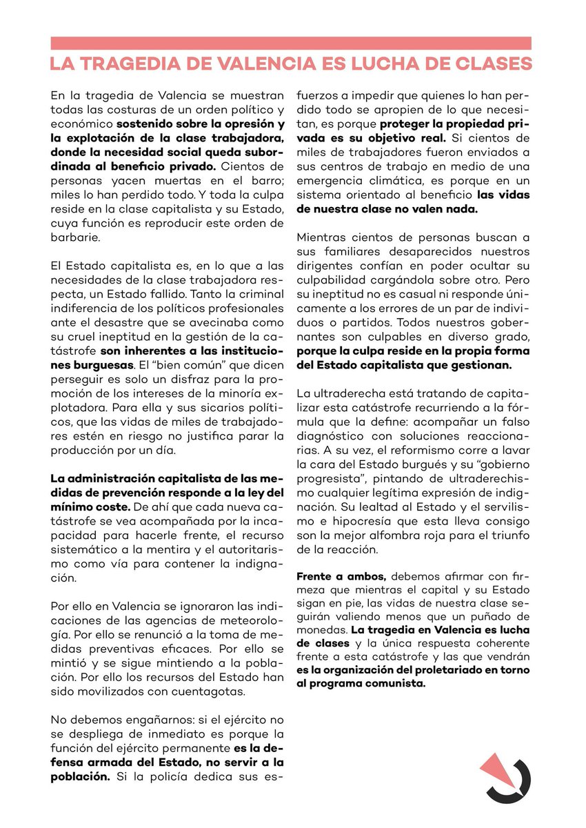#DANA | Señalar a los verdaderos culpables: la clase capitalista y su Estado. Mientras perviva un orden político y económico guiado por el beneficio privado, nuestra clase seguirá poniendo a los muertos.