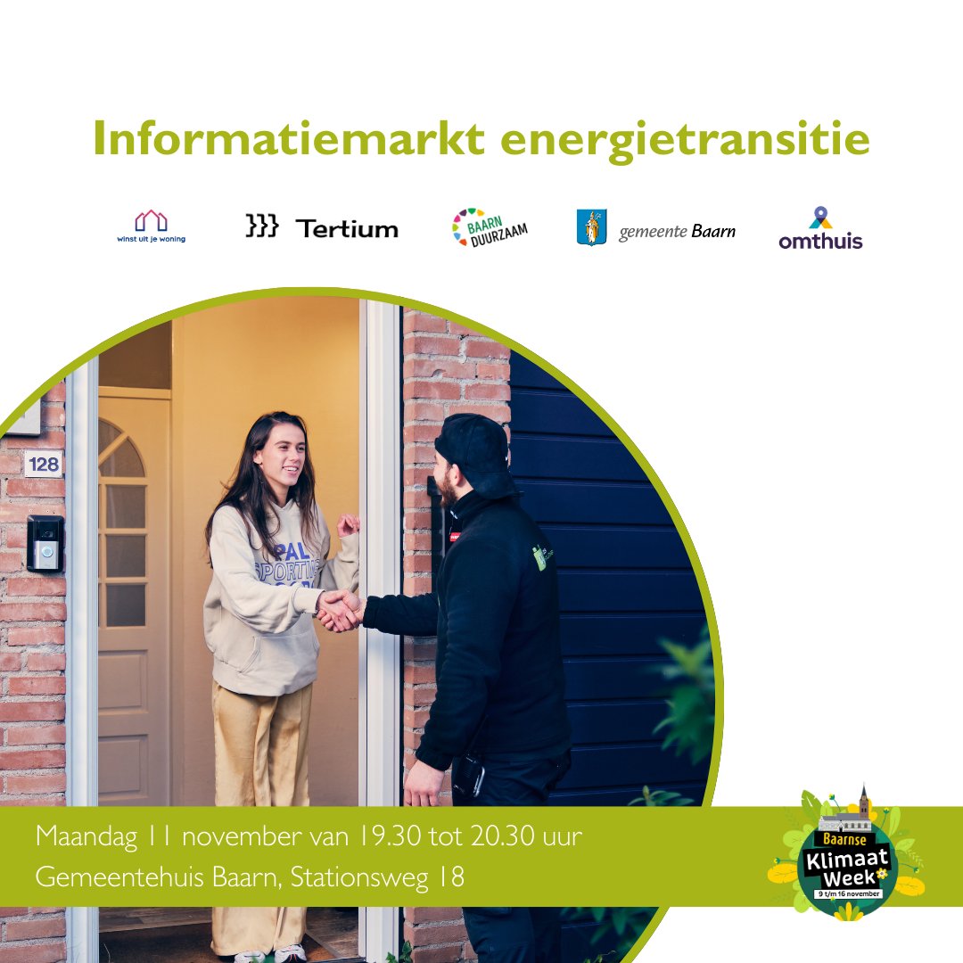Kom je ook naar de informatiemarkt energietransitie tijdens de klimaatweek? 
🌱 Verschillende duurzame partners van de gemeente Baarn geven informatie over dit onderwerp. Ook wethouder @stevendev is aanwezig om over de duurzame ambities van de gemeente in gesprek te gaan.