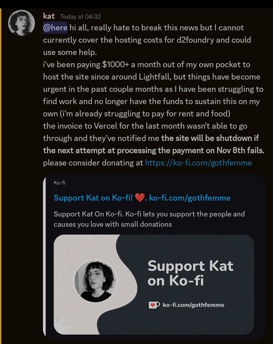 Clarity | Destiny 2 Perk Insights (@d2clarity) on Twitter photo Hey folks! Bad news.
D2Foundry is at risk of shutting down as <a href="/gothfemme/">@gothfem.me on bsky</a> is having to pay for hosting fees out of pocket. Please help if you are able to as losing D2Foundry would be a huge blow to the community.
Please go donate at ko-fi.com/gothfemme Hey folks! Bad news.
D2Foundry is at risk of shutting down as <a href="/gothfemme/">@gothfem.me on bsky</a> is having to pay for hosting fees out of pocket. Please help if you are able to as losing D2Foundry would be a huge blow to the community.
Please go donate at ko-fi.com/gothfemme
