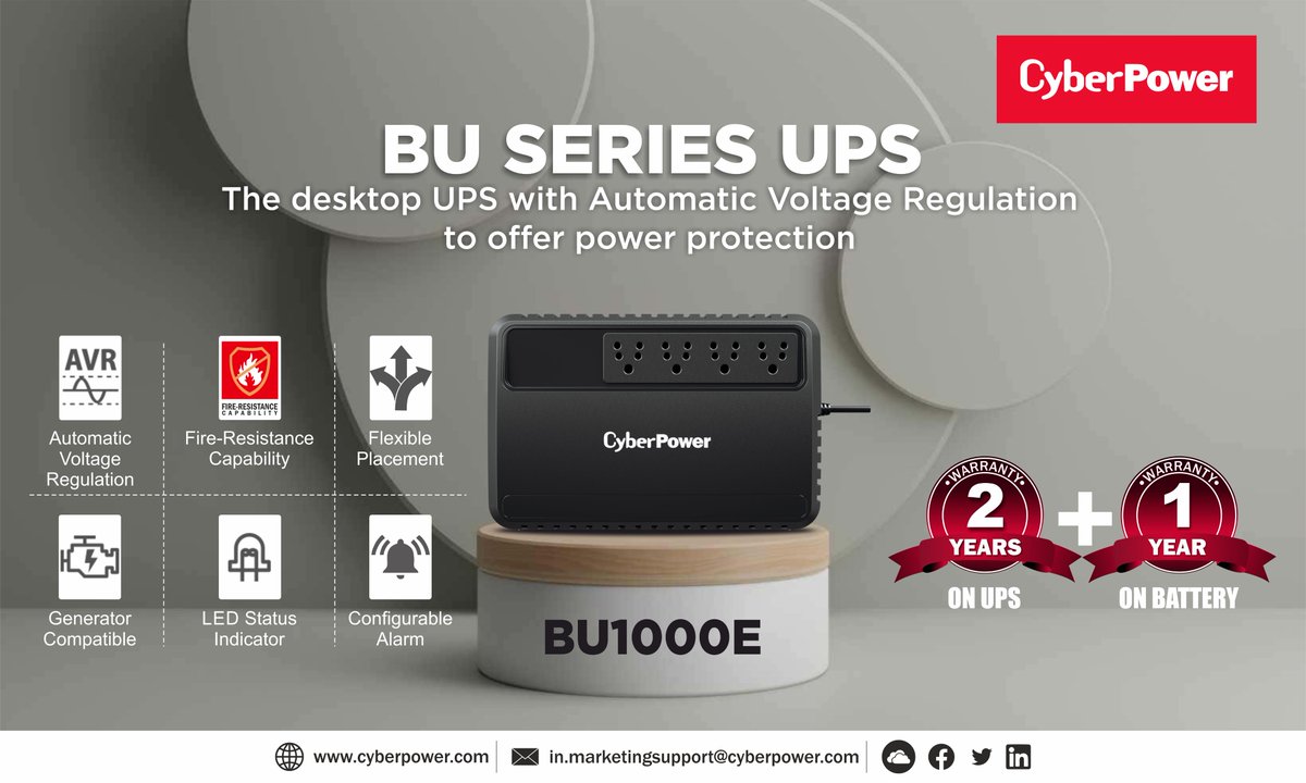CyberPowerIndia's tweet image. CyberPower BU1000E provides home and office users with a reliable battery backup and safeguards office PCs and other electronic devices from surges, spikes, brownouts and other power irregularities.

To know more: bit.ly/3GMF7kg

#lineinteractive #OfflineUPS #greenpower