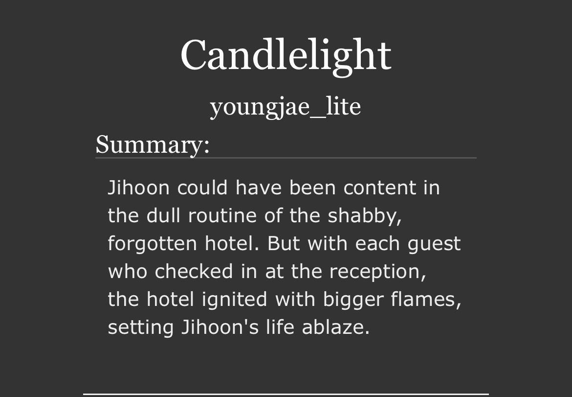 bungbanginks's tweet photo. Candelight a TWS AO3 Fic by author youngjae_lite was really an enjoyable read. Absolutely love the story’s pace and how the vivid description of the scenery are embedded in the narrations. 

🏷️hoonjeranz, catmeongz, handoz

🔗https://t.co/BsxkZdjLdJ https://t.co/bjuSyBzv1m