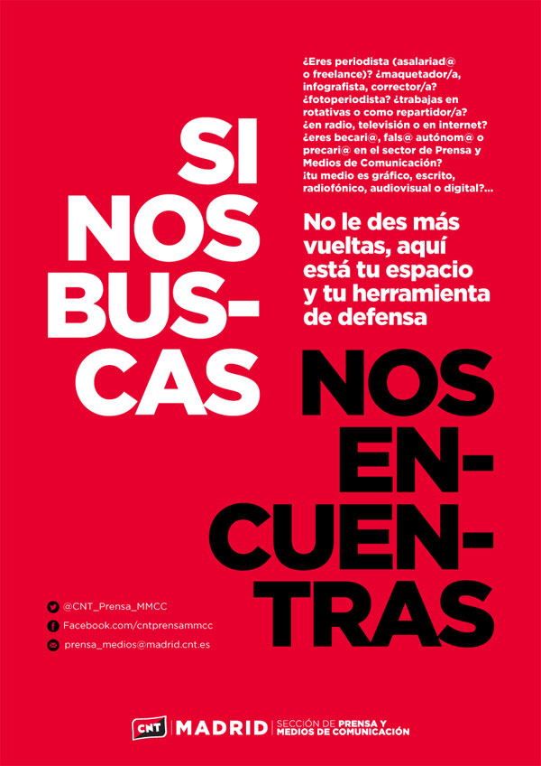 Recuerda las convocatorias para esta semana:
- Permanencia sindical: miércoles 6 (19:30 h. Glorieta Embajadores, 7, 1º B.) 
- Asamblea abierta: sábado 9 (11:00 h. sede de la
<a href="/FAnselmoLorenzo/">FAL</a>, C/. Peñuelas 41).
Pásate a aclarar dudas, conocernos, estrechar lazos.
#CuentaConCNT