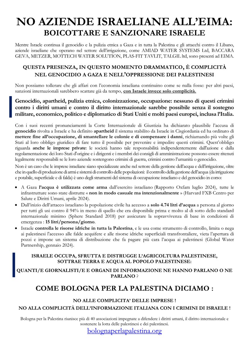 bdsbologna's tweet photo. Protesta di attivst* di Bologna per la Palestina, a cui  aderisce BDS Bologna, contro la presenza di 6 aziende israeliane all’Esposizione Internazionale di Macchine per  l'Agricoltura EIMA. 
QUESTA PRESENZA È COMPLICITÀ NEL GENOCIDIO A GAZA E NELL’OPPRESSIONE DEI PALESTINESI https://t.co/eQDFP4Zv8S