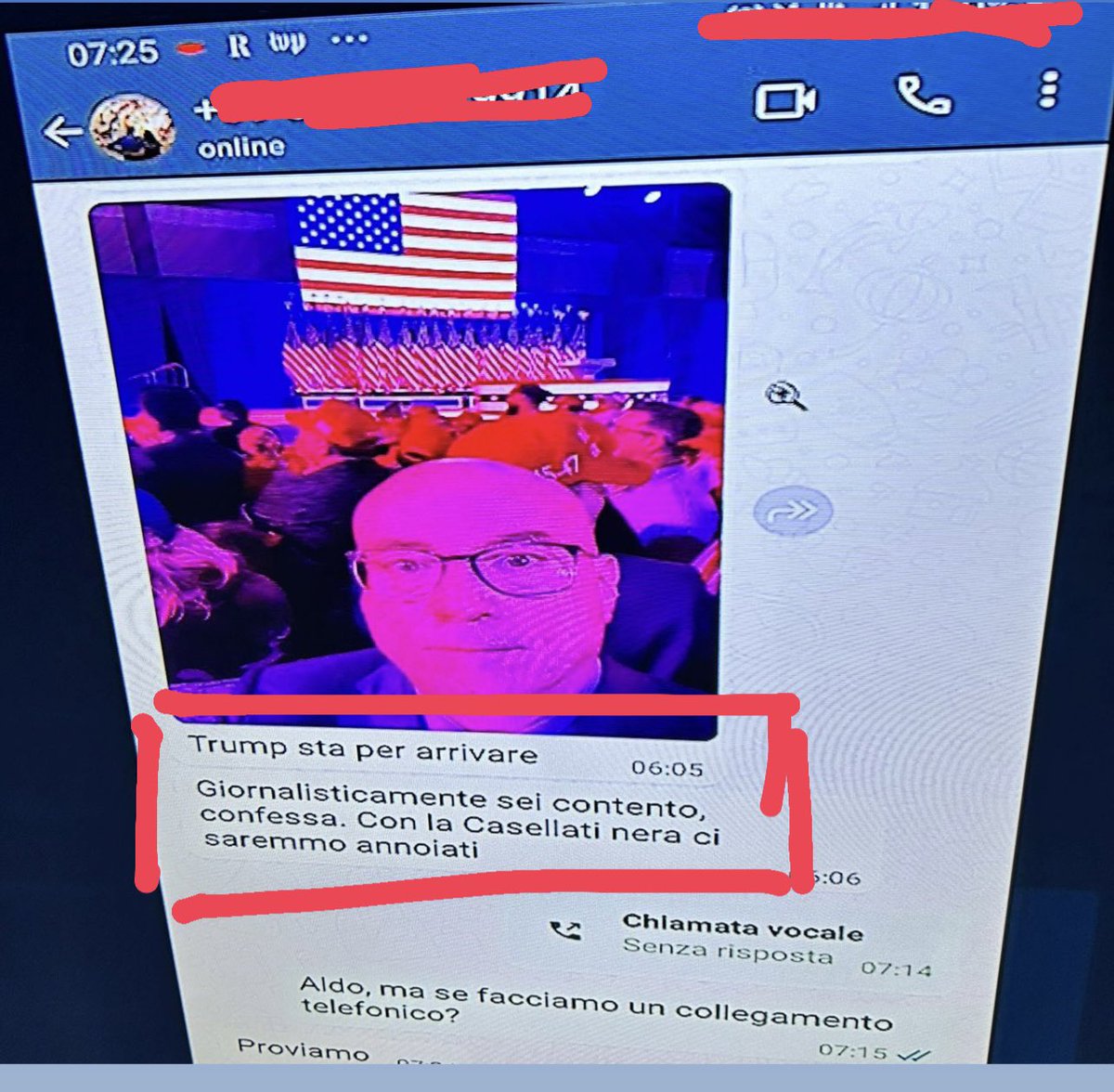 La regia della maratona Mentana inquadra il cellulare di Mentana e si legge non solo il numero di Cazzullo ma anche la sua chat con Cazzullo 😂. 
Cazzullo che definisce Kamala Harris “la Casellati nera” mi fa volare. ✈️