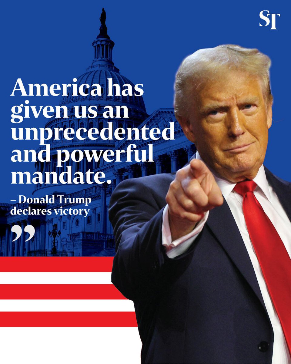 straits_times's tweet photo. Donald Trump is projected to become the 47th president of the United States, according to Fox News.
He looks set to win most of the 7 swing states, overturning the losses in 2020. https://t.co/HIBQ0jAKg5
#DonaldTrump #Decision2024 #USelection #USelection2024 #StraitsTimes https://t.co/qcvQZb1MHh