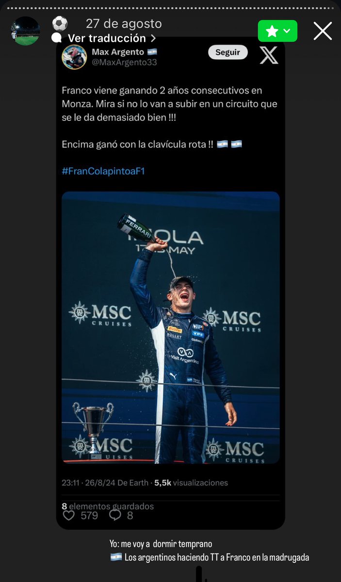 UnahijadePeter's tweet photo. @leclercsabalero En la madrugada del 27 vi el #FranColapintoaF1. Cuando vino dijo que si Sainz no firmaba él era la 2da opcion, asi supuse que lo iban a subir y activé las notif de W. Y al mediodia lo anunciaron, estaba almorzando con mi hermana y vieja y yo saltaba como loca https://t.co/QOlqXG3PHk