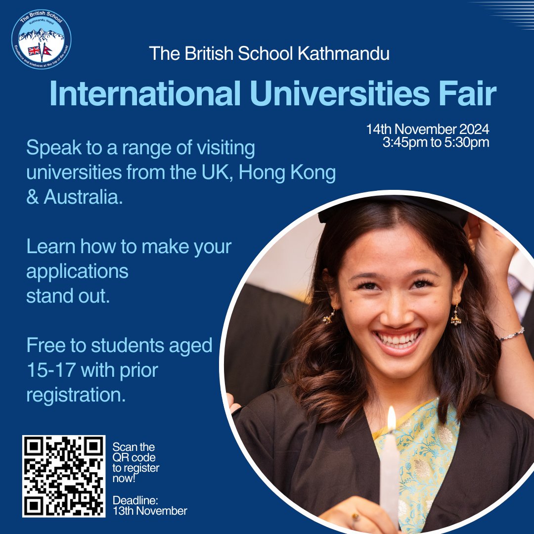 Get ready to explore endless possibilities at The British School International Universities Fair! 

Join us to meet representatives from top universities worldwide and discover the next step in your academic journey. 

Register now through the link below

forms.gle/9K2T2r6w1495yc…