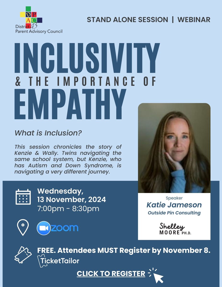DPAC43 Stand Alone Session: Inclusivity &amp; The Importance of Empathy

Wednesday, November 13, 7:30pm-8:30pm on Zoom

FREE to attend, but must be registered:
tickettailor.com/.../schooldist…