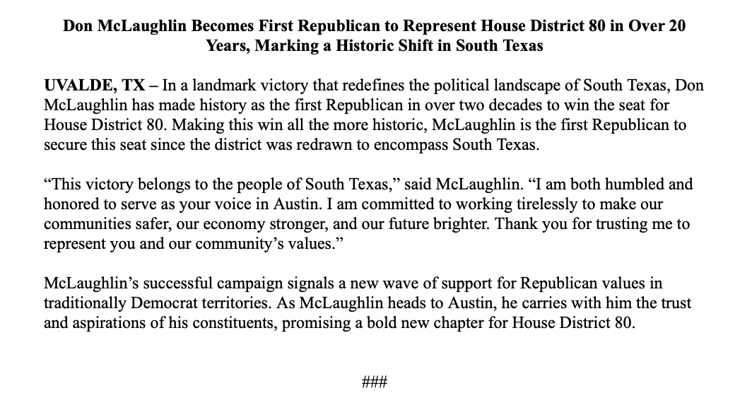 jaspscherer's tweet photo. Republican @donfortexas declares victory in #HD80, in what looks like another GOP flip of a Texas House seat being vacated by a retiring Dem incumbent #txlege https://t.co/wKRUrBRBZL