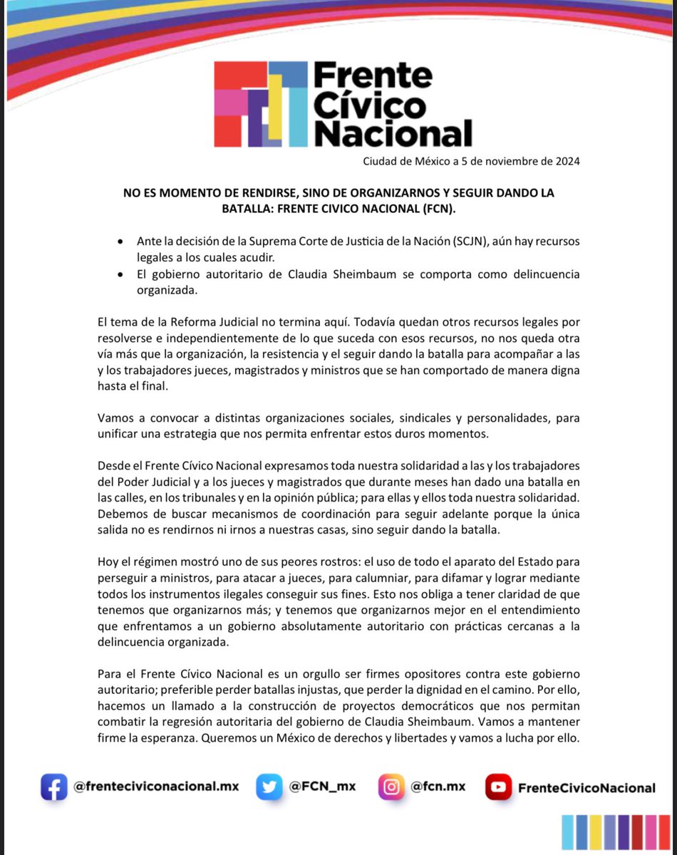 No nos rendimos, convocamos a la organización para combatir el gobierno autoritario de <a href="/Claudiashein/">Claudia Sheinbaum Pardo</a>, que tiene prácticas de la delincuencia organizada