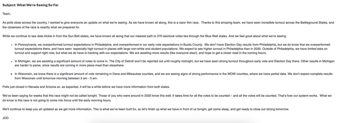 NEW: Jen O'Malley Dillon sent out an email to Harris campaign staff, outlining what they're seeing in remaining states: "We have known all along that our clearest path to 270 electoral votes lies through the Blue Wall states. And we feel good about what we’re seeing."