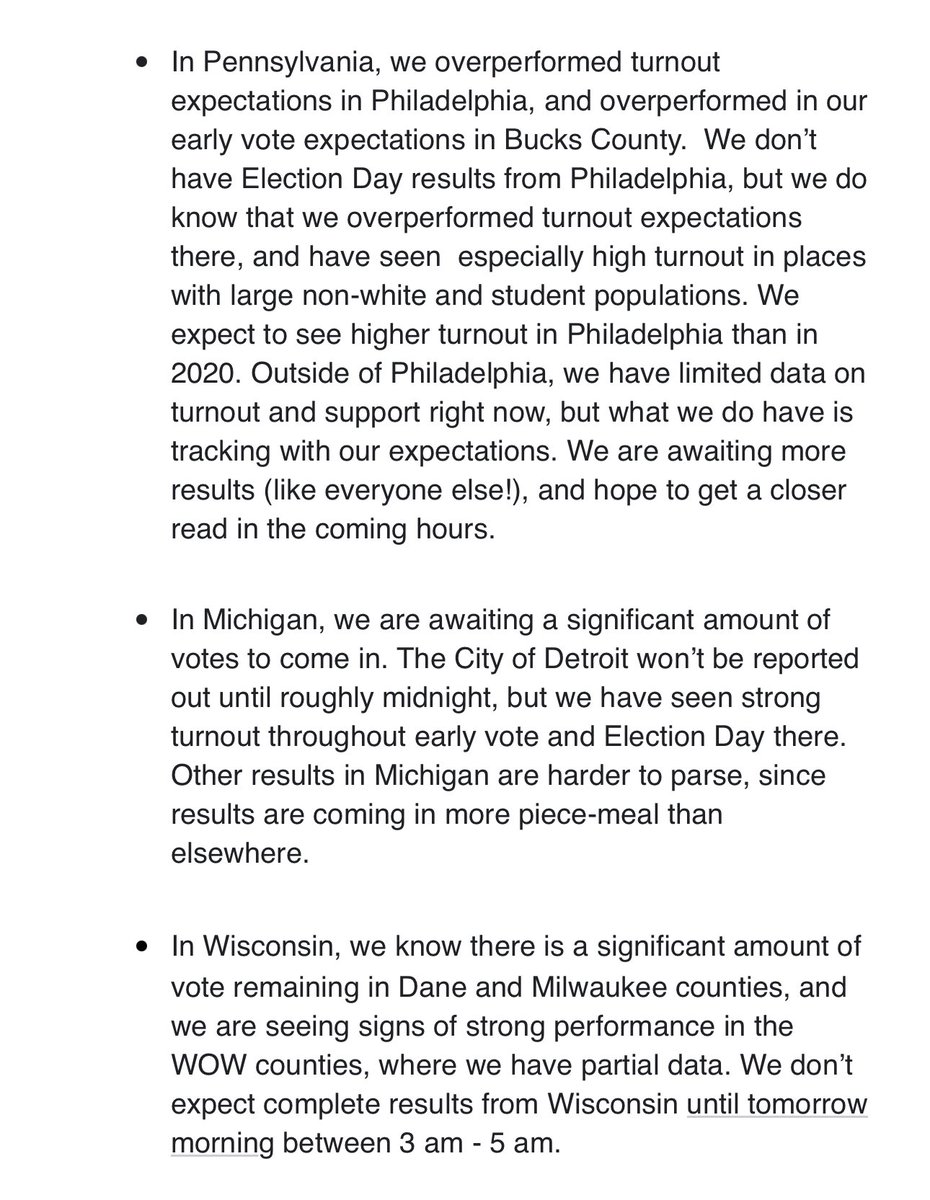 NEW: Harris campaign manager sends email to all staff: “While we continue to see data trickle in from the Sun Belt states, we have known all along that our clearest path to 270 electoral votes lies through the Blue Wall states. And we feel good about what we’re seeing.”