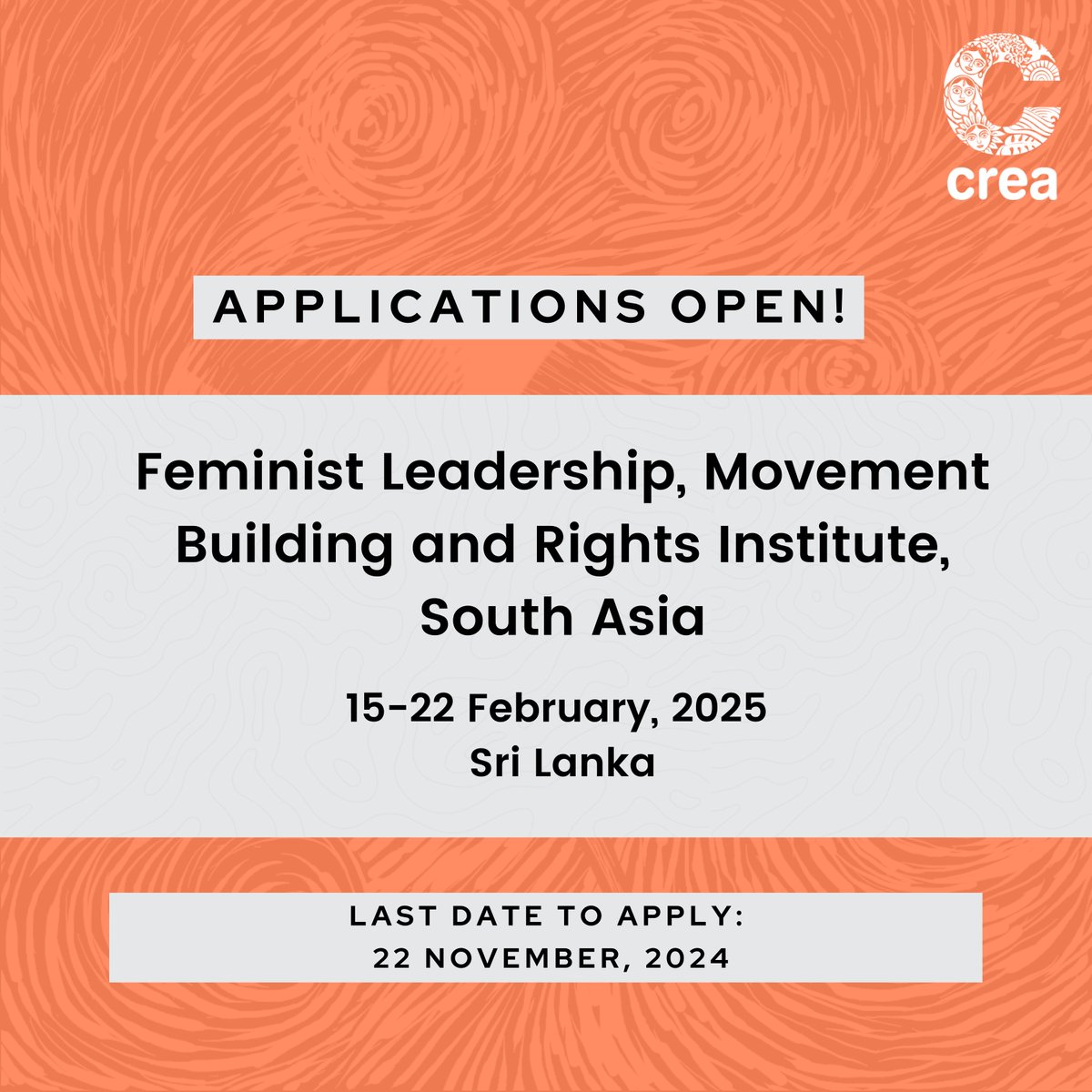📢📢 Applications are open for CREA’s Feminist Leadership, Movement Building, and Rights Institute (FLMBaRI) – South Asia. The Institute will take place in Sri Lanka from 15–22 February 2025. Applications close on 22 November 2024.

Apply now!
creaworld.org/flmbari-south-…

#ThinkCREA