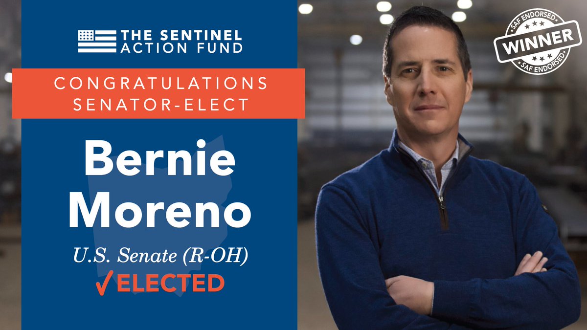 sentinelaction's tweet photo. Congratulations SENATOR-ELECT @berniemoreno on his win in Ohio!

His victory in Ohio adds another critically important seat to the new Senate majority and positions Republicans to tackle issues like border security, inflation, and government deregulation.

Great work Ohio! https://t.co/aQ2JaWIMlG