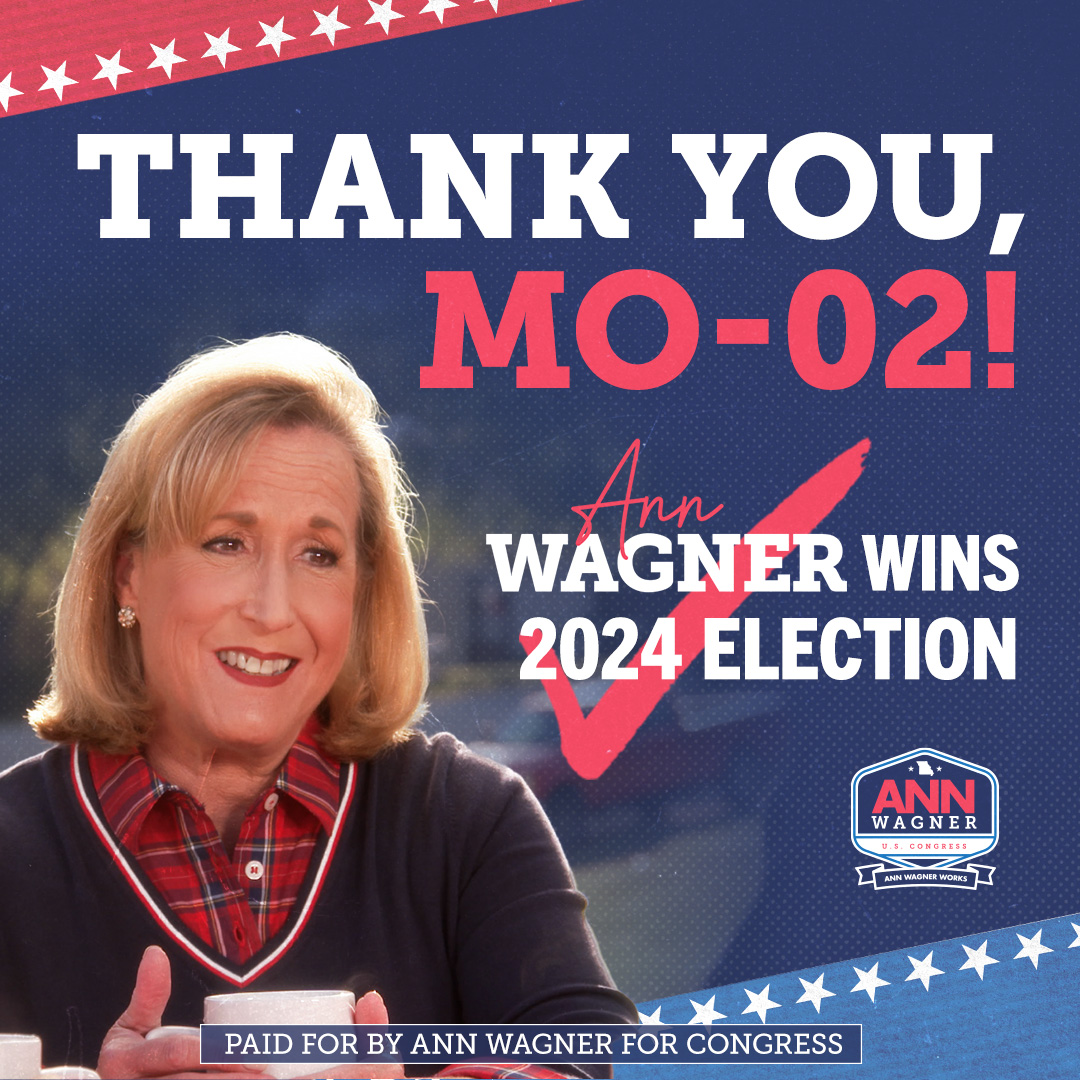 AnnLWagner's tweet photo. THANK YOU, MO-02! 

Bringing our Missouri values to Washington is the honor of my lifetime, and I will continue to fight in Congress for our freedoms, for secure borders, for safe communities, and for a stronger economy. https://t.co/duUwbtLOtz