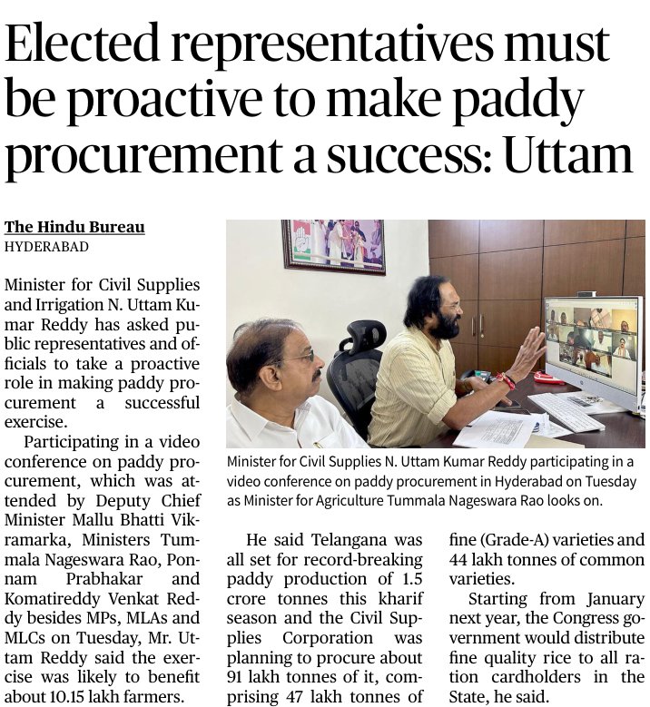 samurai_one's tweet photo. Minister #UttamKumarReddyN asks elected reps to take proactive role in making paddy procurement exercise a success... @THHyderabad https://t.co/QdGwA8xG9o
