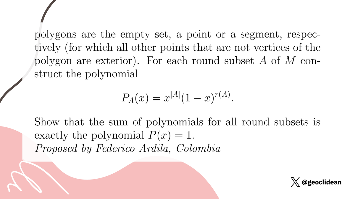 geoclidean's tweet photo. Did you talk to Noga Alon?
#Algebra #Polynomial #Probability #ExpectedValue #ProbabilisticMethod #IMOShortlist https://t.co/Mqa7CFtBgr
