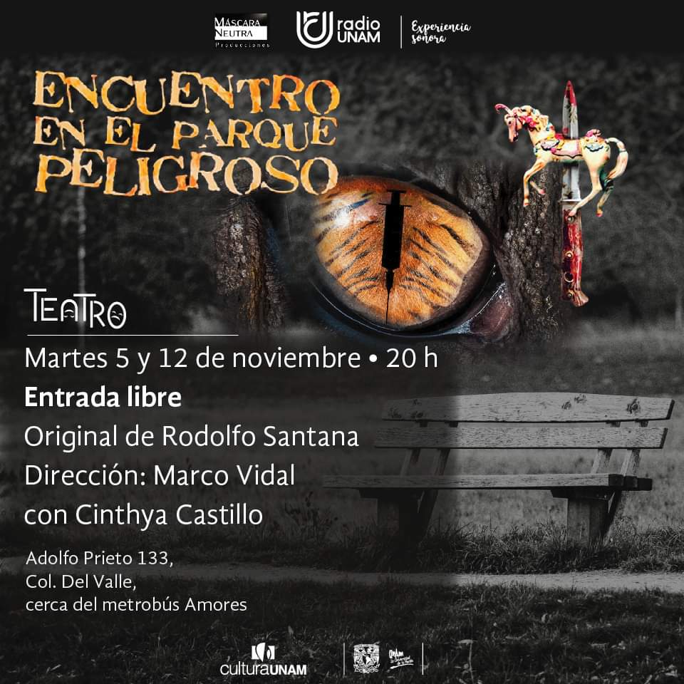 SalaJulianC's tweet photo. Martes de teatro, 5 y 12 de noviembre 20 h- Encuentro en el parque peligroso. Esta obra aborda con humor negro el tema de la libertad. 
Plantea que todos los malestares que aquejan al individuo son efectos del sistema socioeconómico, sin embargo, tendrá que hacer alguna elección https://t.co/i5HlnMcb6R