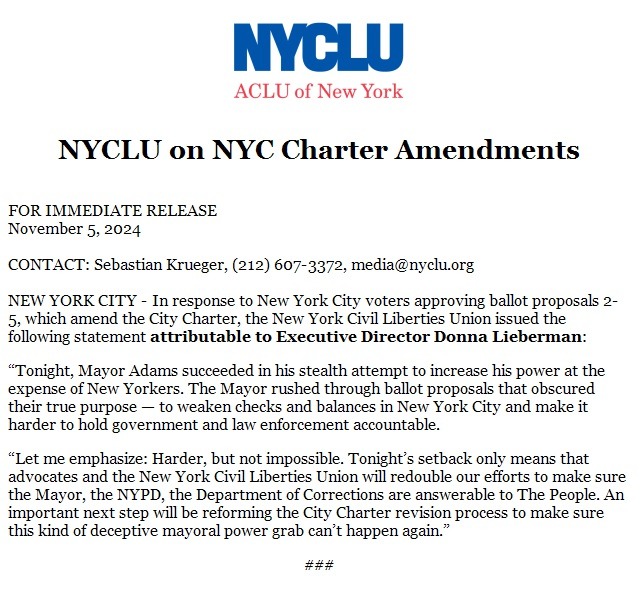 Now, advocates and the NYCLU will redouble our efforts to make sure the Mayor, the NYPD &amp; the Department of Corrections are answerable to New Yorkers.

Next up: Reforming the City Charter revision process to make sure this kind of deceptive mayoral power grab can’t happen again.